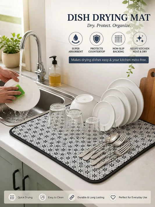Printed Non-Slip Dish Drying Mat for Kitchen